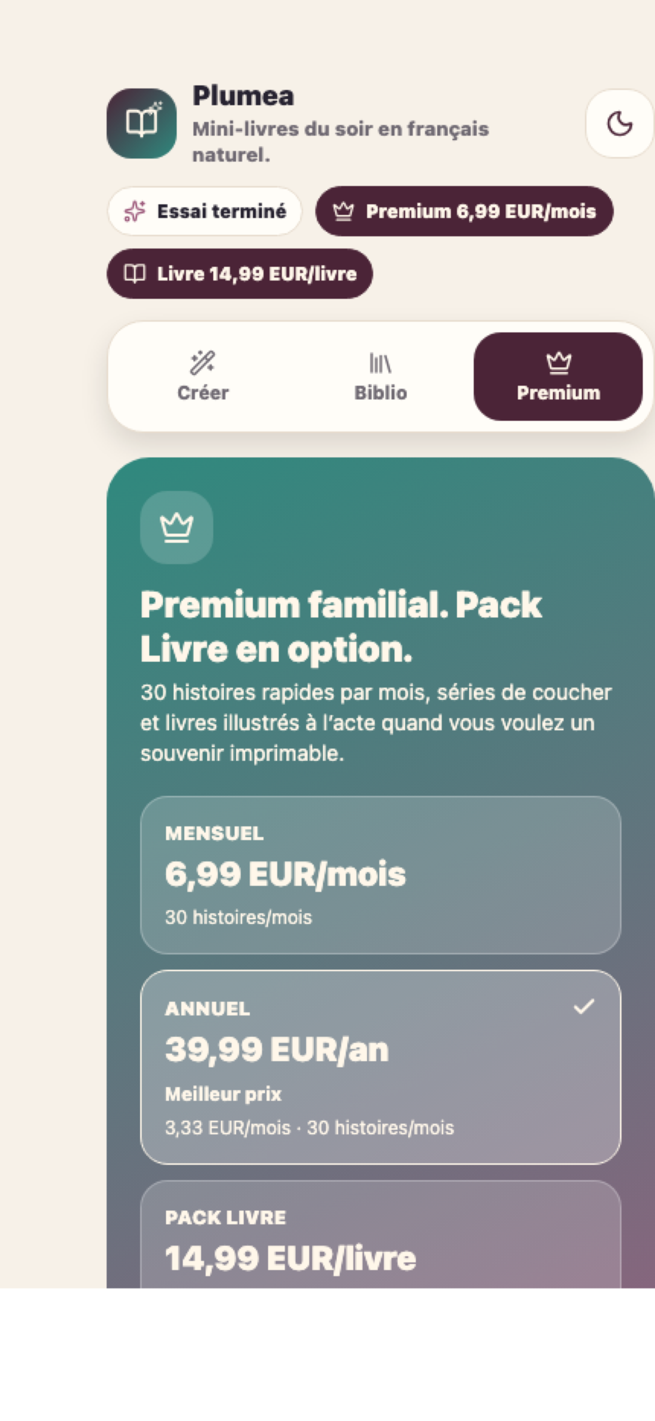 Offre Premium Plumea — abonnement et Pack Livre