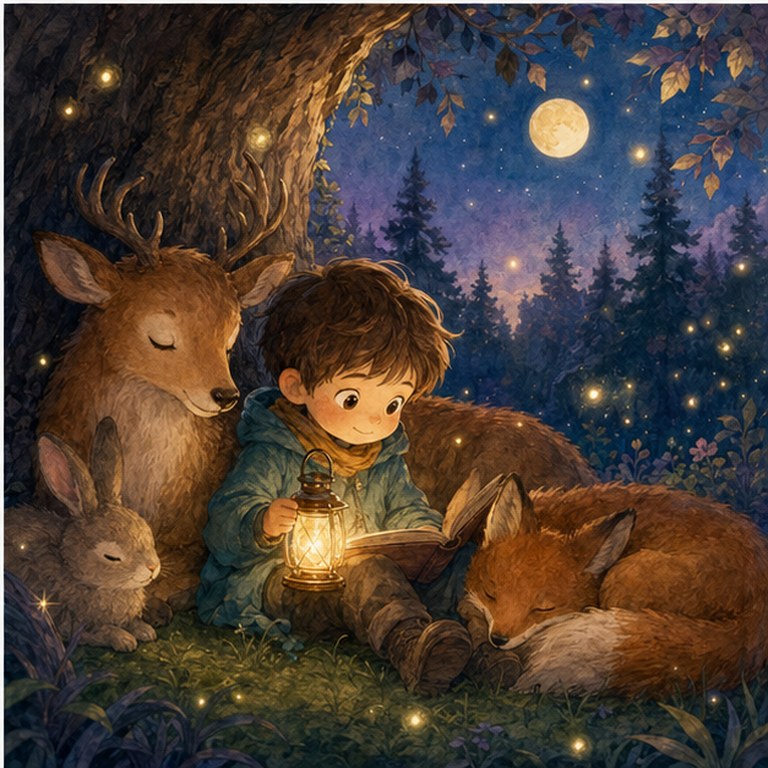 Lila qui s'endort sous sa couverture aux étoiles dans le terrier